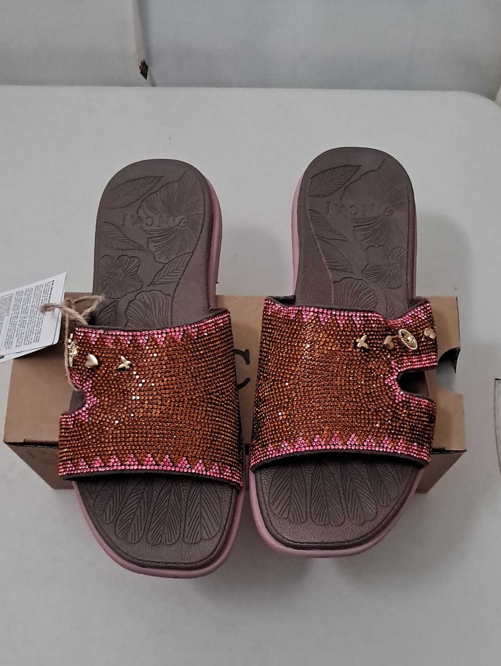 Oncai Women's Size 9 Embellished Slide Sandals in Copper and Pink NIB